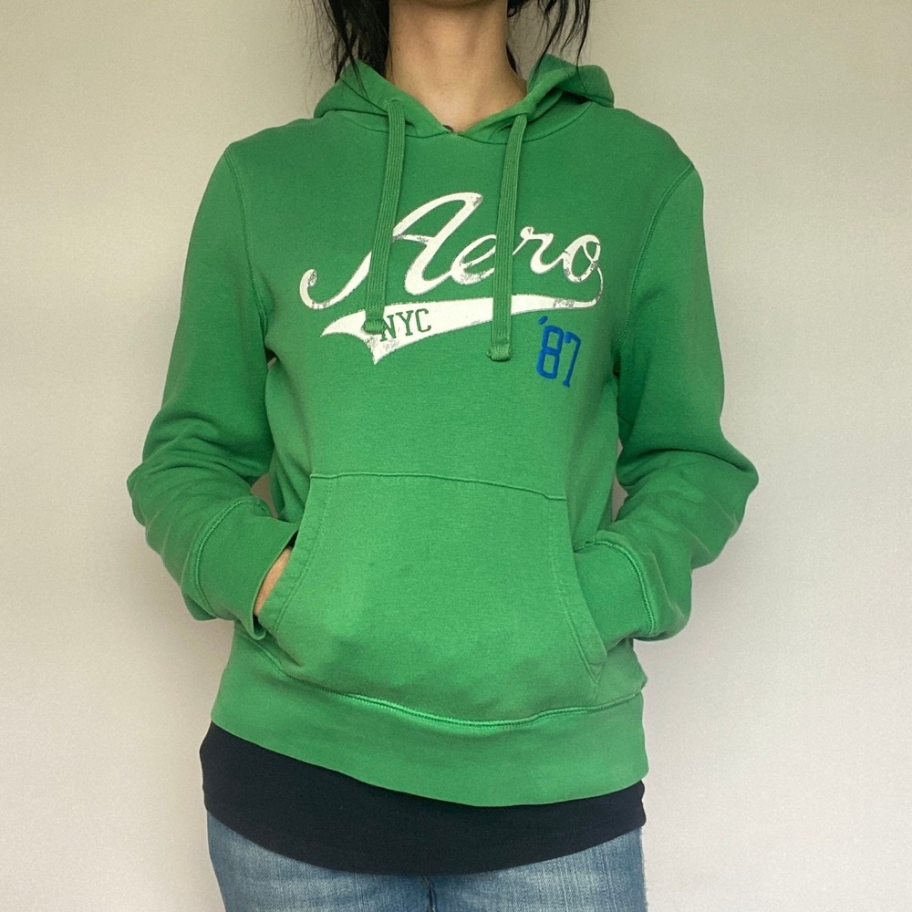 Y2K Aeropostale Aero NYC 87 Green Graphic Pullover Hoodie Streetwear Grunge Sz L